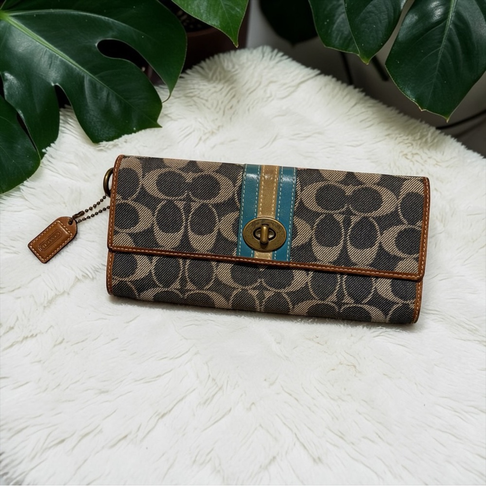 Coach Y2K Brown Signature Canvas Wallet with Teal and Gold Stripe